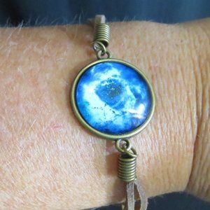 New World Glass Bracelet Astro Galactic Cabochon Bronze Tone Leather Unisex 7"